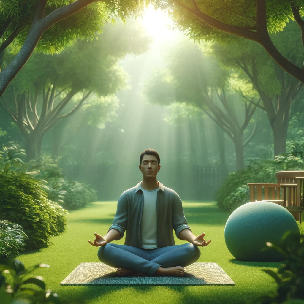 Hombre practicando atención plena o mindfulness en un jardín tranquilo, con luz solar suave filtrándose a través de los árboles, simbolizando la paz y la claridad mental.