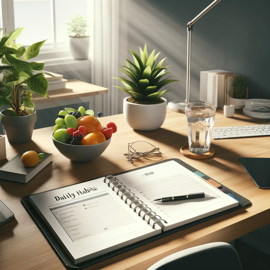 Espacio de trabajo bien organizado en una oficina en casa, con un escritorio que contiene un planificador abierto en la página de 'Hábitos Diarios', un vaso de agua y un tazón de frutas frescas. Una pequeña planta de interior añade un toque de verdor, simbolizando crecimiento y positividad. La luz del sol entra por la ventana, creando un ambiente cálido y acogedor.
