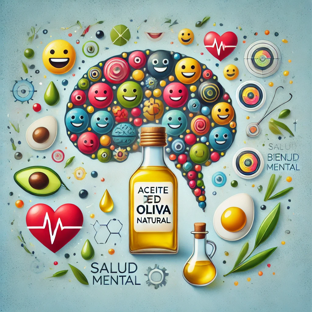 Caricatura de un cerebro sano formado por caritas felices con una botella de aceite de oliva en el centro